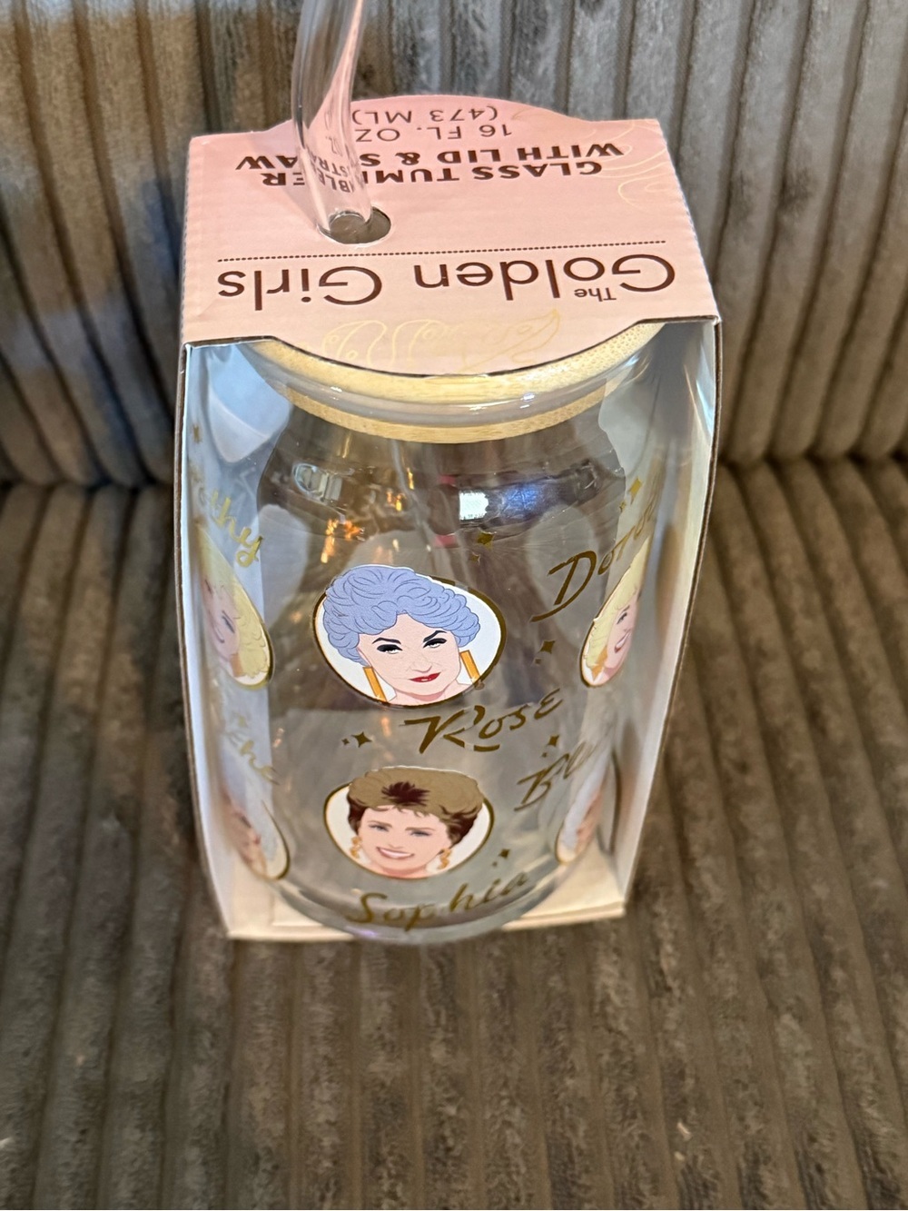 The Golden Girls Glass Tumbler with Lid & Straw - Pink & Gold - Picture 2 of 7